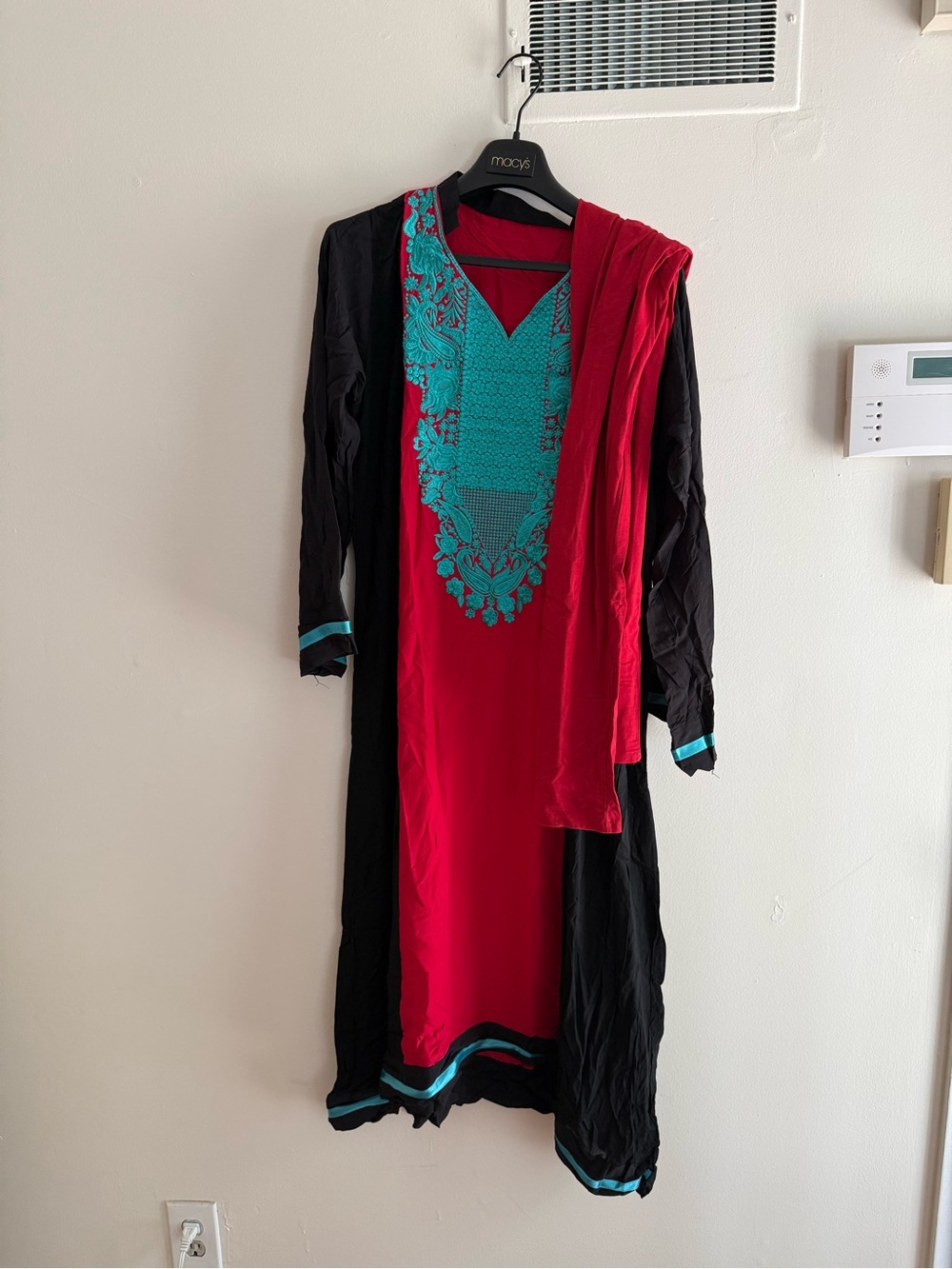 Red & Black Embroidered Women’s Long Kurta with Blue Accents